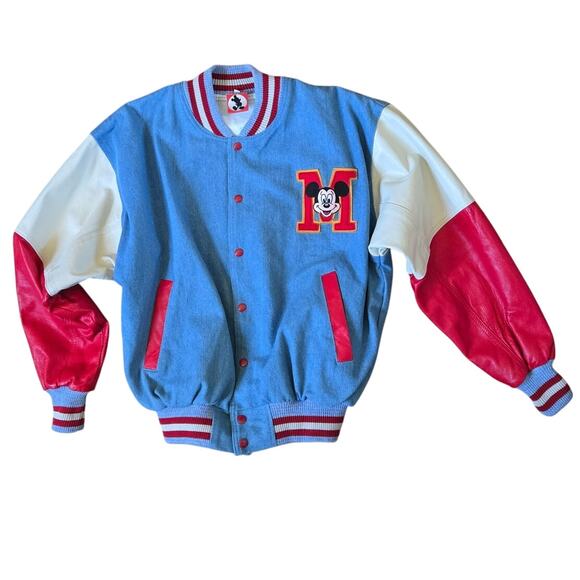 Vintage Mickey Mouse Varsity Blue Red White Denim Leather Jacket Size Small - Picture 3 of 10